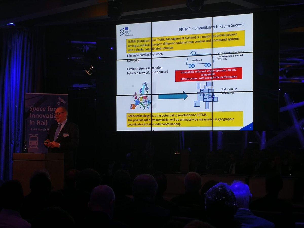 EU4Space's tweet photo. Josef Doppelbauer, Executive Director @ERA_railways : "GNSS technology has the potential to revolutionize @ERTMS. The position (of a train/vehicle) will ultimately be measured in geographic coordinates (cross-modal coordination)." #SpaceInRail #Usegalileo https://t.co/ou4amPViXG