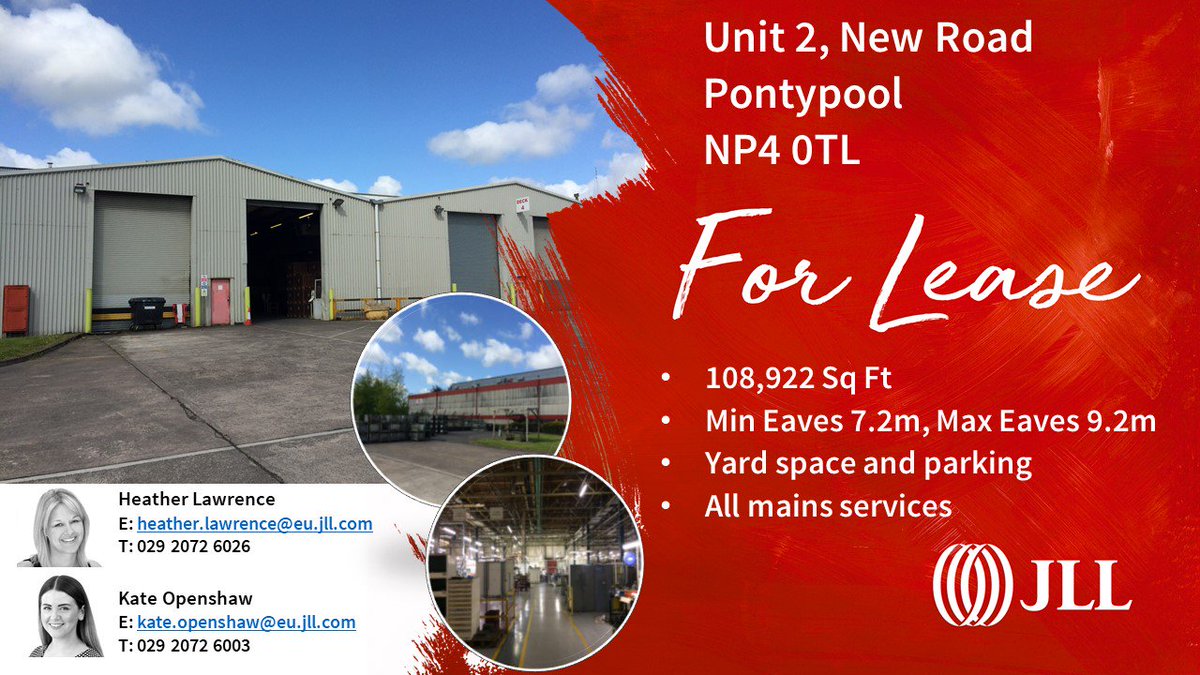 HeatherTwigs's tweet photo. #NewInstruction #ToLet - 108,922 sq ft of #industrial space available at Unit 2 New Road, #Pontypool, https://t.co/kkPwxSH29z 

- Standalone unit
- Under cover loading doors
- On site security
- Office accommodation

Contact the @JLLUK #Cardiff office for further information. https://t.co/EQVlqDZxNo