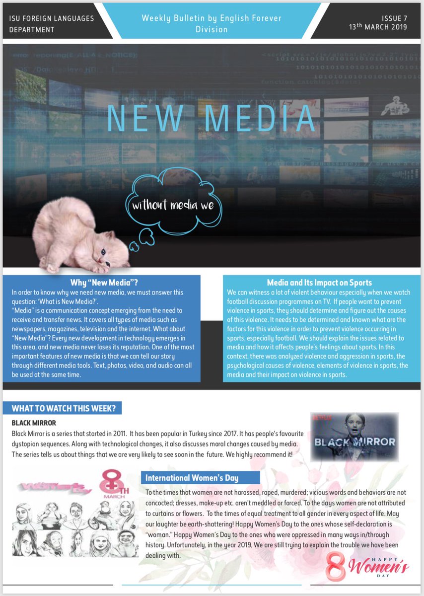 ISU_EFL's tweet photo. Weekly Bulletin Issue 7, NEW MEDIA, by English Forever Division, New Media Students Team 👏🏼👏🏼👏🏼 #isuforeignlanguages #weeklybulletin #englishforeverdivision #istinyeüniversitesi #newmedia @melihbulu https://t.co/QDoeqFuWAu