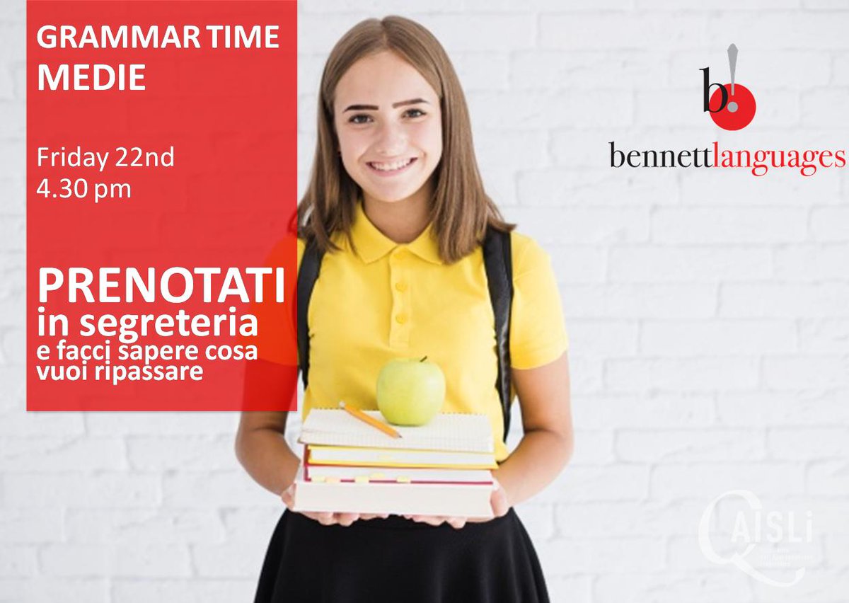 BennettLanguage's tweet photo. Chiamata per tutti gli studenti delle scuole medie:
Venerdì 22 Marzo ore 16.30 vi aspettiamo al Grammar Time!
Ricordatevi di prenotare il vostro posto e di farci sapere cosa volete trattare e ripassare.
#bennettlanguages
#grammartime
#grammar
#scuolemedie
#learning
#english https://t.co/b8rk0Z9VtS