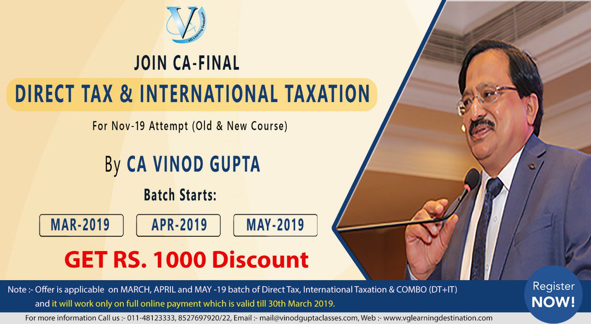 vglearning's tweet photo. @ICAIDubai @mitunds First Time ever #VG_Learning_Destination providing one-time payment Discount of Rs. 1000/- on DT+IT BATCH and #INTERNATIONAL_TAXATION also. Earlier the discount of a one-time payment of Rs. 1000/- is available only on #DIRECT_TAX. 
Register Now :- https://t.co/DgbHVFJzdJ https://t.co/Dn7uaEPYGi