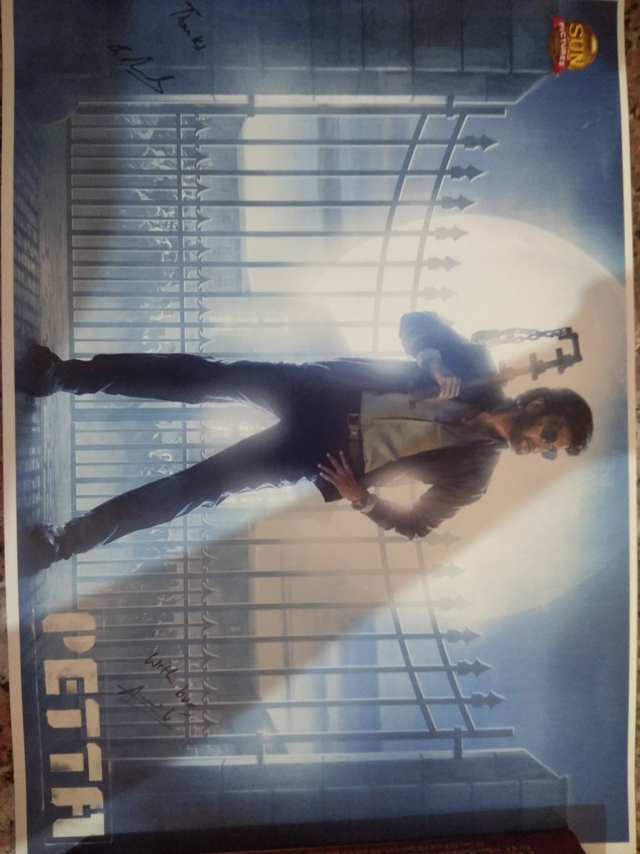 Mathan97's tweet image. Thank you @sunpictures for giving this poster. #pettacontest #pettaautographedposter #luckywinner. Petta director @karthiksubbaraj and Music director @anirudhofficial autographs ✍️🔥.