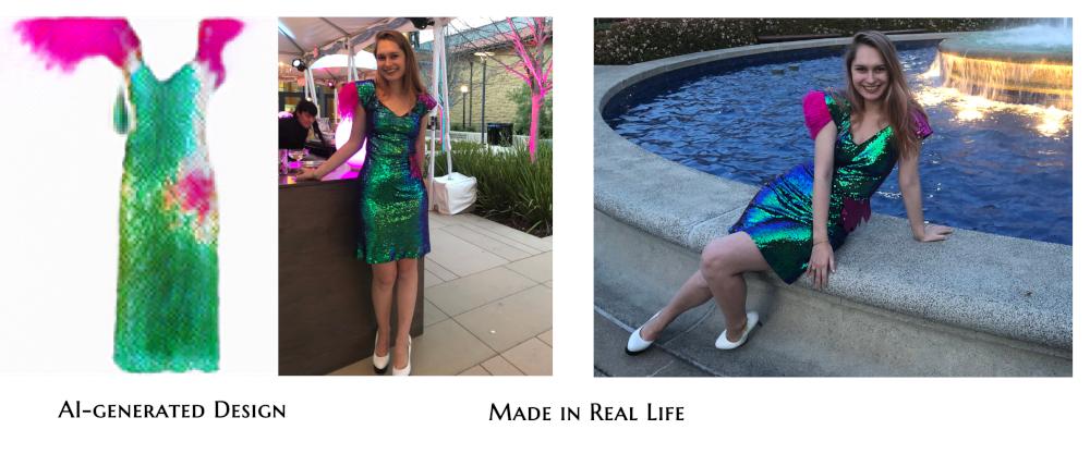 glitch_ai's tweet photo. The first dress from this batch made in real life, and just premiered at Human-Centered AI Symposium at Stanford today! #styleGAN #fashion #ai #StanfordHumanAI https://t.co/SLK0AXkYvq