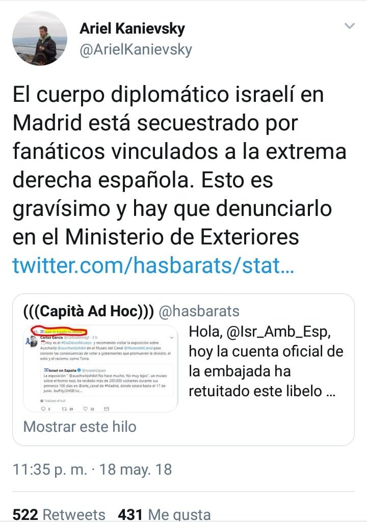 Albuixechhorta's tweet photo. De hecho @AntonioMaestre miembros de la comunidad  judía denuncian la influencia de la organización ultraderechista y pro israelí ACOM en la embajada. https://t.co/AWVDoL7gCN