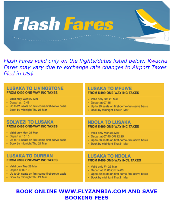 proflightzambia's tweet image. Save and fly with this weeks Flash Fares.
We have flights on Lusaka-Livingstone, Lusaka-Mfuwe, Solwezi-Lusaka, Ndola-Lusaka, Lusaka-Durban and Lusaka-Ndola.
Book your flights at flyzambia.com
#Save&amp;amp;fly
#ProValue
#PlaneSmart