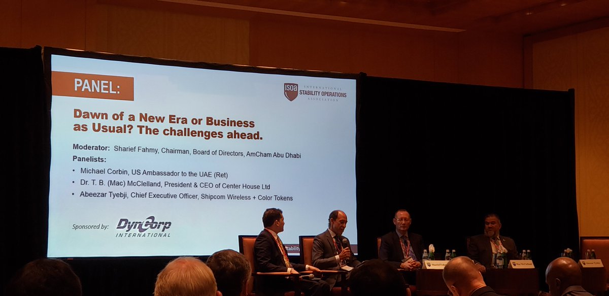 EmeritusIsoa's tweet photo. Panel on the future of the #StabilityOps industry. If yer company ain't at @ISOADubai2019 yer missing out! #StabOps #Syria #Afghanistan #Somalia #Algeria #Sudan #Dubai @StabilityOps @DynCorpIntl https://t.co/Tmcr0JuPg8