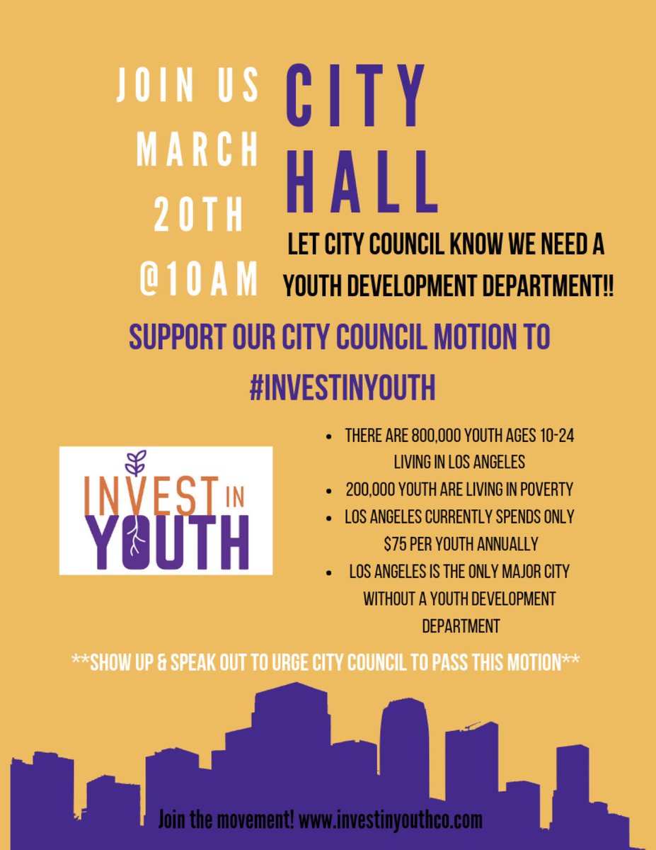 SHG1970's tweet photo. The L.A. City Council will vote THIS Wednesday, 3/20 during council (10am-1pm) on the #InvestInYouth motion to establish an “Executive Task Force” that will work on a comprehensive youth development strategy for the City. Please join us at City Hall to show support! https://t.co/GYR70w0Isx