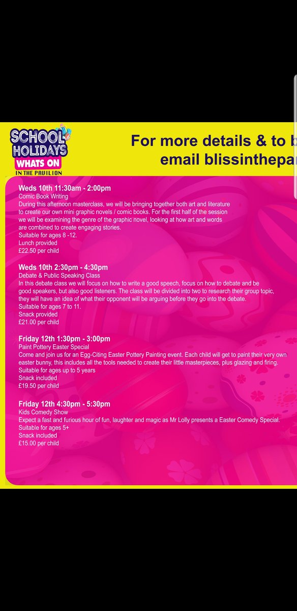 bliss_park's tweet photo. Drum roll..... Our Easter half term fun is here π€
Get booking, places are limited!
#Wimbledon #halfterm #SW19 #blissinthepark #kidsonscooters #merton #easter #memories #funinthepark #southparkgardens #sw19mums https://t.co/VDr42zKA1l https://t.co/BEcs1DOZ4y