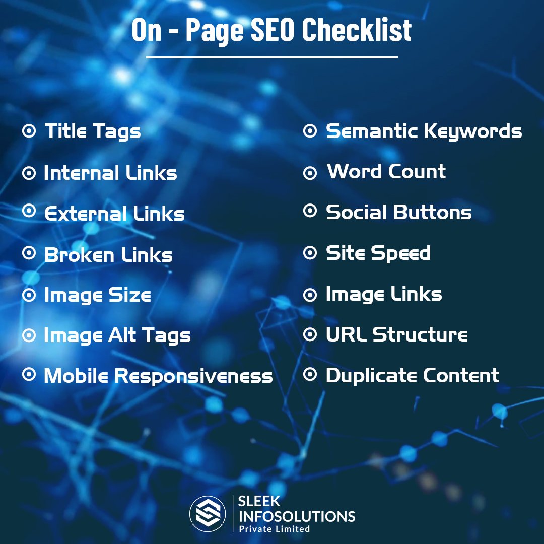 Sleek_Infosol's tweet photo. On-Page #SEO_Checklist:

Get perfect On-page SEO Checklist results with better #assistance. Contact #Sleek to hire #SEO_experts for #business_growth, online #traffic and boosting #sales.

#seotips #DigitalMarketing #SMM #SEM #SMO #ContentStrategy #OnlineMarketing #EmailMarketing https://t.co/adcI3aE2Iz