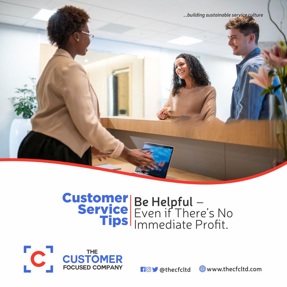 thecfcltd's tweet photo. Be open to being helpful at all times. Do not be nice only when there's a reward in it for you. Helping your clients even when they least expect it, will impress them and build their trust in you...
#thecfc #customerservicetips #tuesday #CustomerService https://t.co/WqxxTT6ZzP