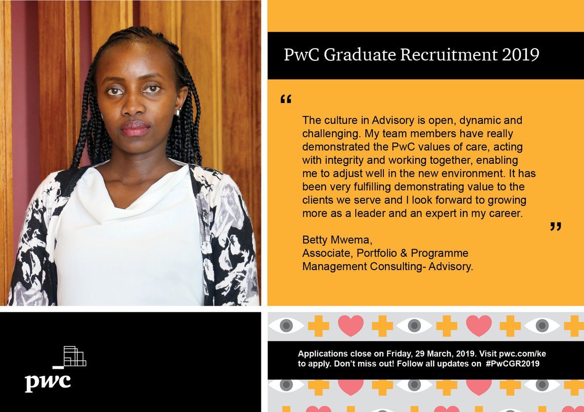 PwC_KE's tweet photo. Applications for our 2019 Graduate Recruitment close on 29 March, 2019. Have you applied? https://t.co/vsvpNCwyIc #PwCGR2019 https://t.co/yODIEAhmRv