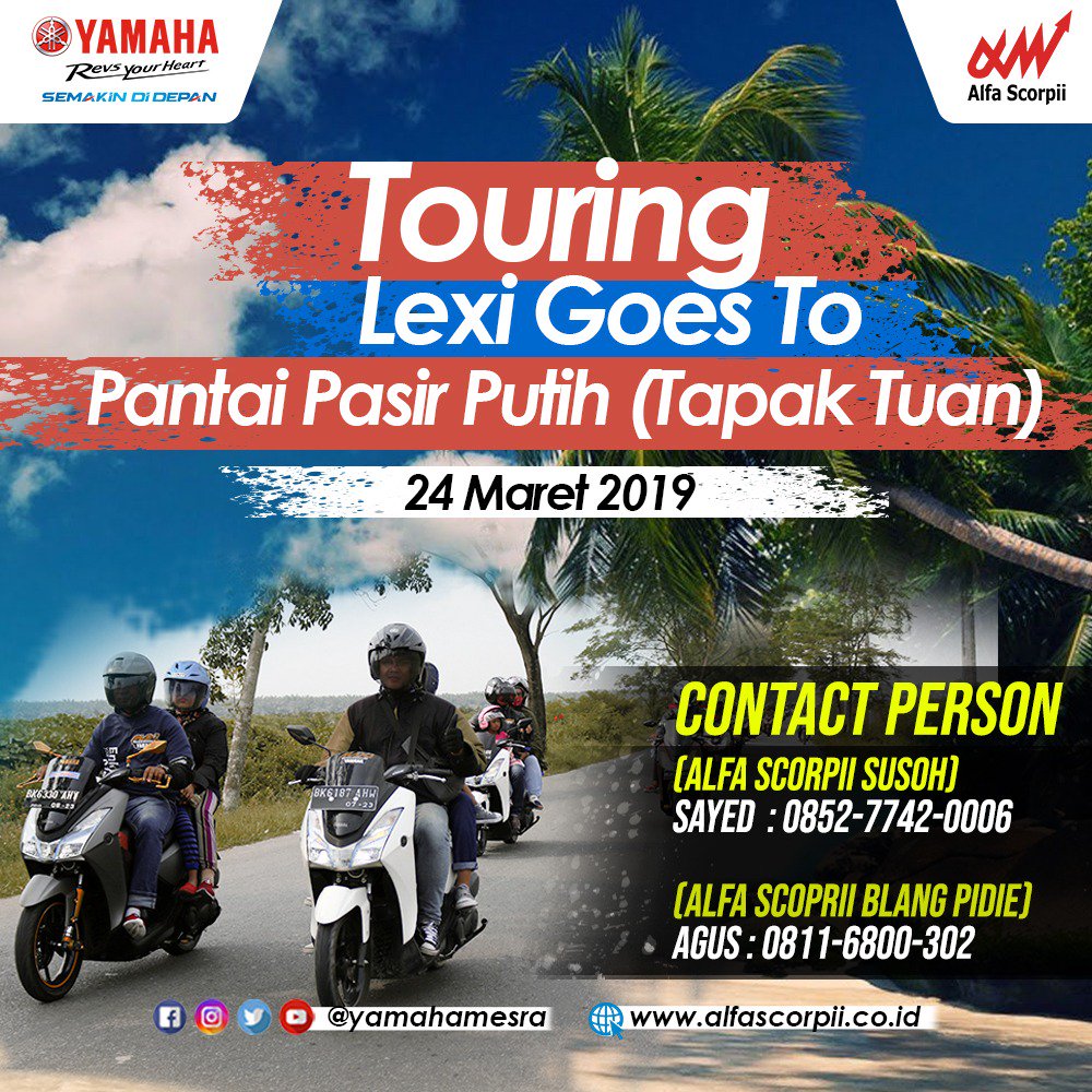 YamahaMeSRA's tweet photo. Lexi Touring Goes To Pantai Pasir Putih (Tapak Tuan)
24 Maret 2019
Info Pendaftaran silahkan menghubungi no yang tertera
#Touringlexi #YamahaLexi #SexyLexi #Susoh #BlangPidie #Aceh #YamahaMesra https://t.co/P6beUUeaxs