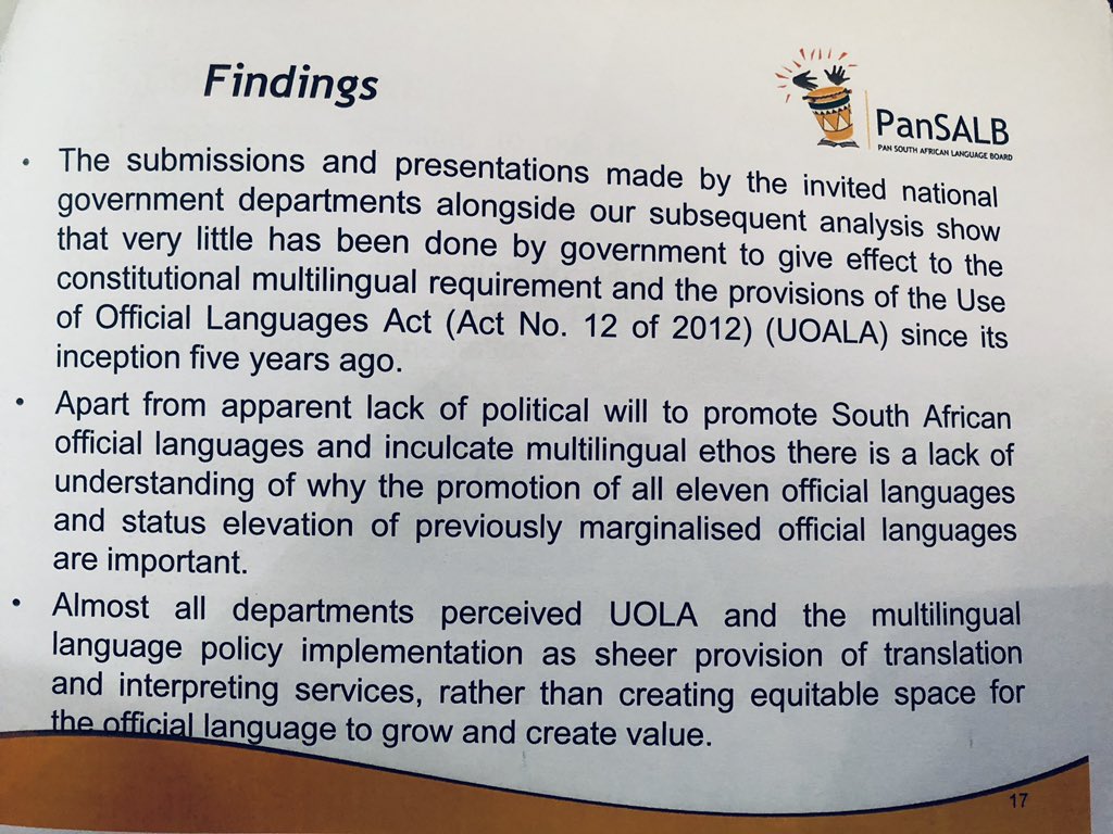 SAgovnews's tweet image. Findings on the report on the #UseofOfficialLanguages #PanSALB