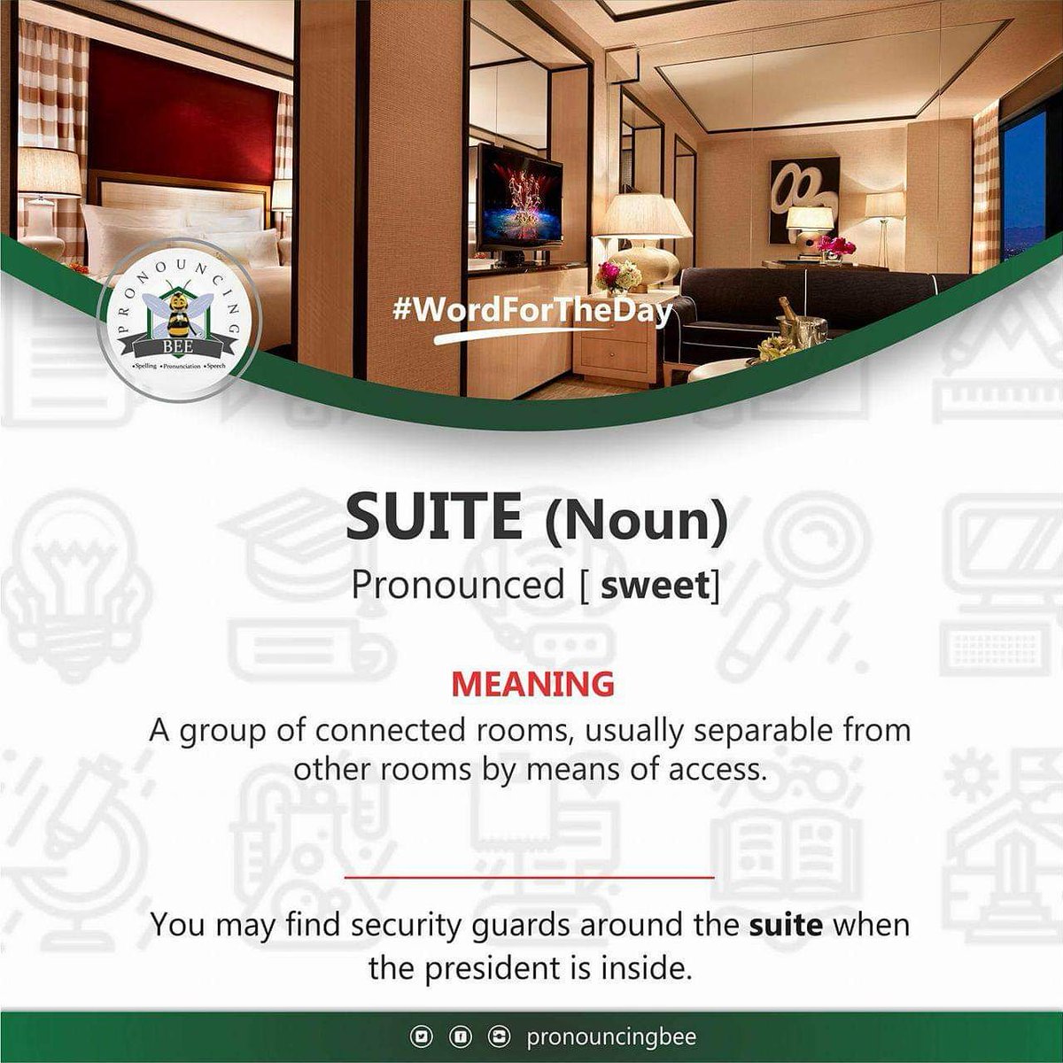 PronouncingBee's tweet image. Word for the day is SUITE. Using the meaning, can you make a sentence with SUITE? 😁😁😁
.

#pronouncingbee #pbee #pbe2019 #suite #wordfortheday #childrensbooks #words #teacherspayteachers #lagosmums #lagosschools #lekkilagos #englishwords #longe #younglearners #parents