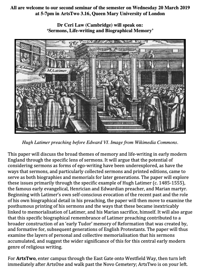 EModCam's tweet photo. Dr Ceri Law (Cambridge) will speak on: ‘Sermons, Life-writing and Biographical Memory’ TOMORROW (Wednesday 20) at 5-7pm in ArtsTwo 3.16, @QMHistory #emcambridge #emreligion https://t.co/42zzxcreeZ
