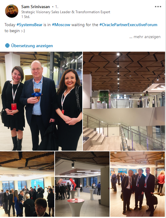 SilviaHurnaus's tweet photo. @SelmaLevent @fjtorres @OrlaNiChorcora @oraclepartners @OracleRU @MichelMariet @edaturhan @LuigiCochetti @oracleemeaps Great start! Have a good event ... you have another V.I.P. next to @fjtorres and @OrlaNiChorcora in Moscow :)... our #SystemsBear Sam with his host @samsri https://t.co/6PN03ghZPu https://t.co/RY5GgSX7K7