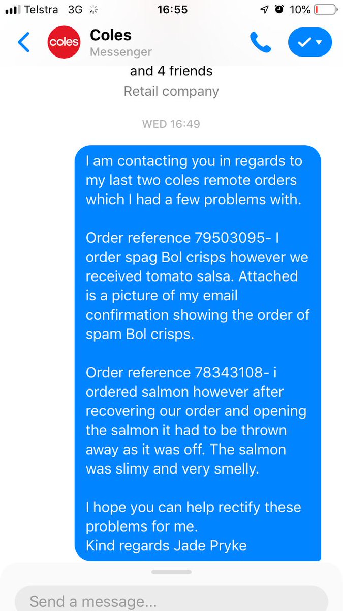 jayparge's tweet photo. @Coles My partner tried complaining about a recent order through Facebook, it says you respond in 2 hours... Still no solution to our problem and now a week later! Yet I've complained before through Twitter and had a quick response. Funny how you review public complaints quicker! https://t.co/nmbni3xWQV
