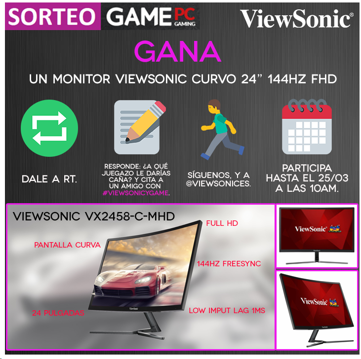 VideojuegosGAME's tweet photo. ¡GANA este PEDAZO DE MONITOR de @ViewSonicES! 

🔄 RT.
📝 Dinos a qué juego le darías caña y cita a un amigo con #VIEWSONICyGAME.
🏃‍♂️ Síguenos, y a @ViewSonicES.
⏲ Participa hasta el 25/03/2019 a las 10AM.

*Sorteo solo válido en España https://t.co/Mbxw6XaZxw