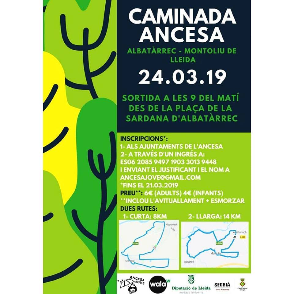 SegriaCultura's tweet photo. Aquest cap de setmana (24 de Març), arriba la caminada de @ancesajove pels termes d'Albatàrrec i Montoliu de Lleida 🏃🌳🌷
No et despistis, últim dia inscripcions el 21/3
#SegriaCultura #CCSegria #Segria #TerradePonent #Lleida #JovesSegria https://t.co/41lXbv170k