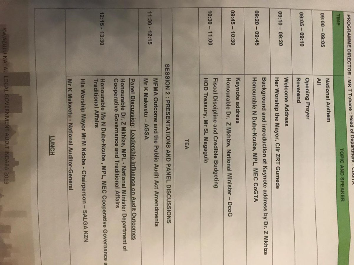 AuditorGen_SA's tweet photo. AG Kimi Makwetu is currently presenting the MFMA Audit outcomes at the KZN Local Government Audit Indaba 2019. He will also be taking the provincial leadership through the Public Audit Act amendments. #accountability #PAA #PAAevolution https://t.co/XcmGJmKyG0