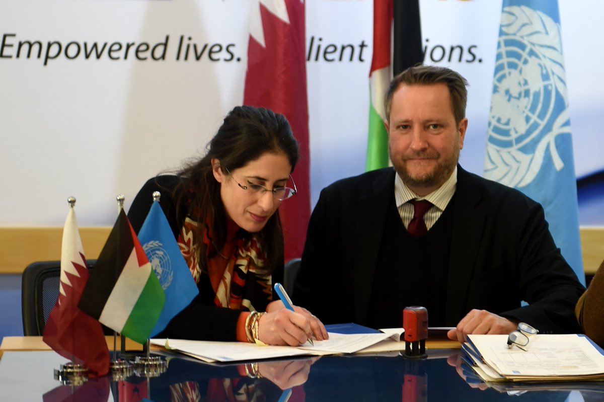 UNDPPalestinian's tweet photo. Creating #jobs for 3,516 #Palestinians in #Gaza in education, health and public services sectors thanks to Qatar support through @q_grc . Today, @gprewitt1 signed 5 agreements marking the beginning of the cash for work programme 🇵🇸🇶🇦 https://t.co/I9CAguNnIy