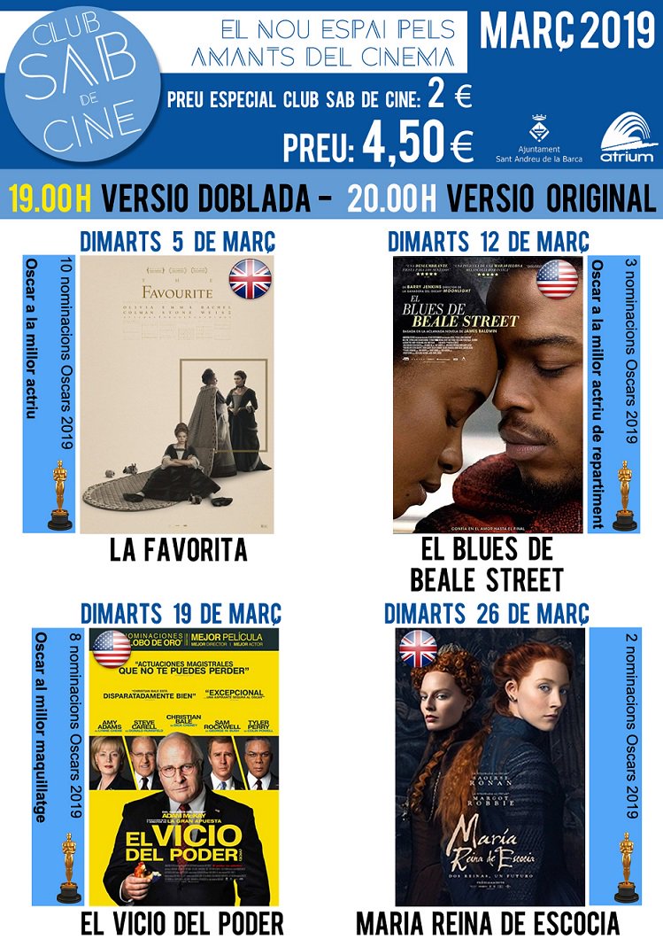 Ajuntamentsab's tweet photo. 🎥 Avui dimarts, torna una nova edició del "Club SAB de Cine" l'espai pels amants del cinema. Es projectarà la pel·lícula "El vicio del poder" a les 19.00 hores en versió doblada i a les 20.00 hores en versió original.
🎬 #CineAtrium #SantAndreudelaBarca https://t.co/MHh7zEQVXQ