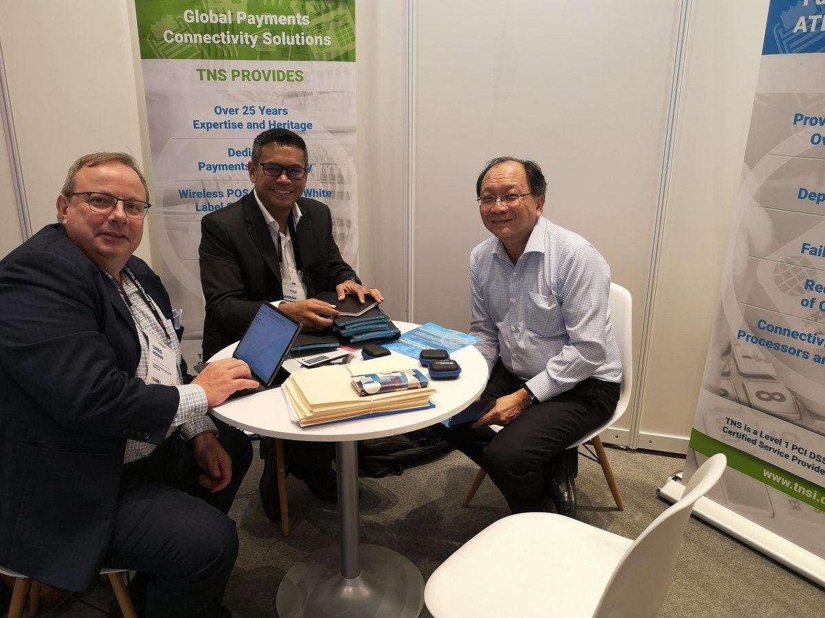 TNSI's tweet photo. l-r: Greg Mann and Ganesh Satkunalingam of @TNSI catching up with Steven Soh of Mobile EFTPOS at #Money2020Asia today #payments https://t.co/FUuiEMmOPR