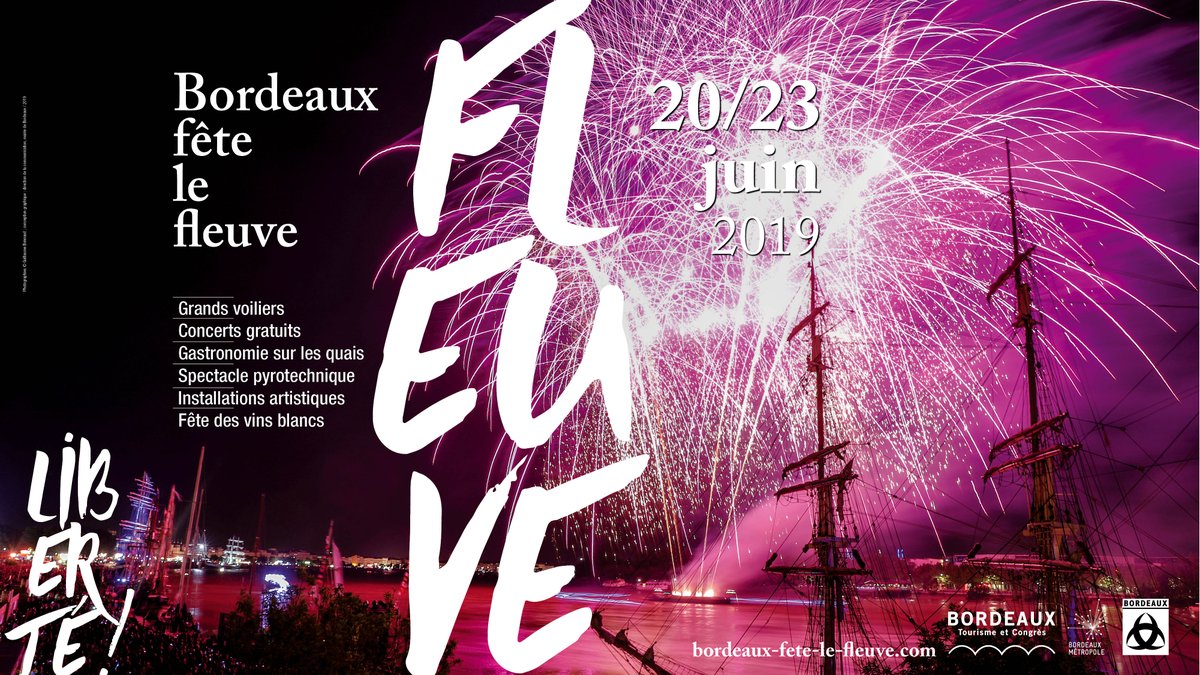 FeteduFleuve's tweet photo. Voici l'affiche de Bordeaux Fête le Fleuve 2019 ! #BxFF marquera l'ouverture de la nouvelle saison culturelle nommée : "Liberté ! #Bordeaux 2019". Concerts gratuits, grands voiliers, Fête des Vins Blancs, spectacle pyrotechnique, expositions... Rendez-vous du 20 au 23 juin ⚓️ https://t.co/mFF5eBfFgu