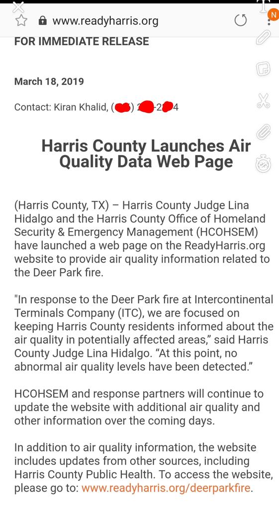 So the place our #Houstonmedia is getting their information on #AirQuality from #DeerParkFire is in fact INACCURATE! I just got off the phone with Kiran director of communications & she [admits] this is a MESS! She had no clue her personal cell was listed on the site! #chemfire