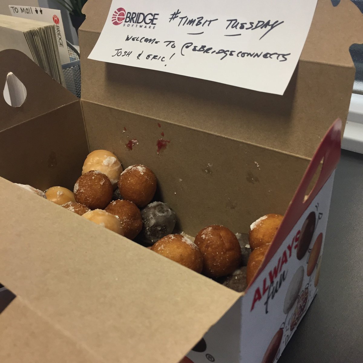 davemalda's tweet photo. Welcoming a few new teammates to @eBridgeConnects - welcome aboard Josh & Eric! #RocketFuel #TimBitTuesday #TimHortons 🍩 🚀 https://t.co/GxapJ4gpYU
