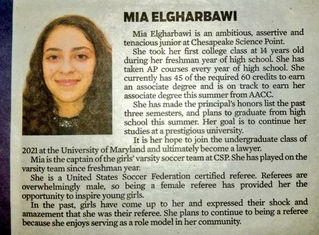 CLF_CLF's tweet photo. One of two #ChesapeakeSciencePoint #PublicCharter #HighSchool students from @AACountySchools @CSP_Charter, #MiaElgharbawi, also among the March 16, 2019 @capgaznews published #outstandingstudentachievers for 2019!!! Congratulations Mia! We are so proud of your #STEAMazing efforts https://t.co/jxZXxiCvpE