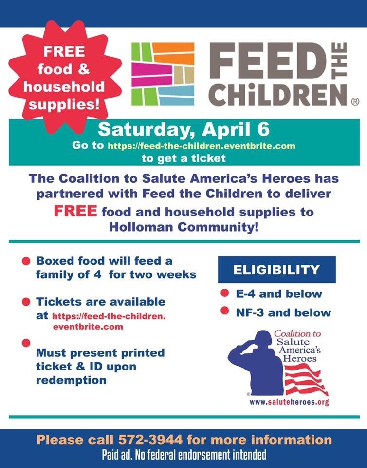 .@HollomanAFB #MilFams: there are still plenty of tickets let for this event! We will be there on April 6th providing FREE non-perishable foods and household items to eligible families! 

Register here: feed-the-children.eventbrite.com

#NewMexico #SaluteHeroes