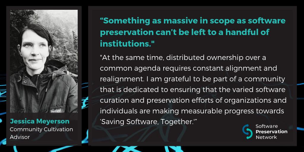 SoftPresNetwork's tweet photo. SPN is fortunate - we've had Jessica Meyerson on board since day 1!
Now, as Community Cultivation Advisor, Jessica helps ensure that our #software #preservation work adheres to core values of transparency, responsiveness, & engagement! #SavingSoftware
https://t.co/CnD6zX2idH https://t.co/IjqMXp8QQJ