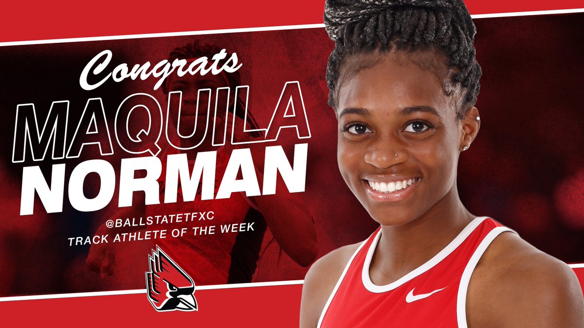 BallStateTFXC's tweet photo. 🚨 @BallStateTFXC Track Athlete of the Week 🚨

@MaQuila_Norman earned 2 of Ball State's 10 event wins at the Stan Lyons Invitational, taking top honors in the 200m (24.95) and 400m (1:00.65).

Her efforts rank 2nd &amp; 6th in the MAC, respectively

#ChirpChirp | #WeFly | #ncaaTF https://t.co/s9NrIqqTR6