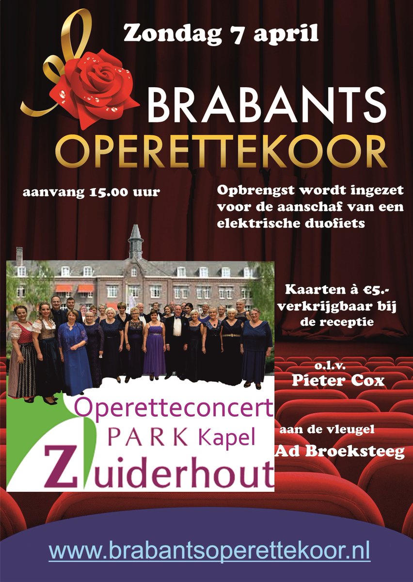 Het Brabants Operettekoor verzorgt zondag 7 april een concert in de kapel van Park Zuiderhout. Komt u ook luisteren? Met uw komst draagt u bij aan de aanschaf van een elektrische duofiets voor de bewoners! parkzuiderhout.nl/vieren-van-lev…