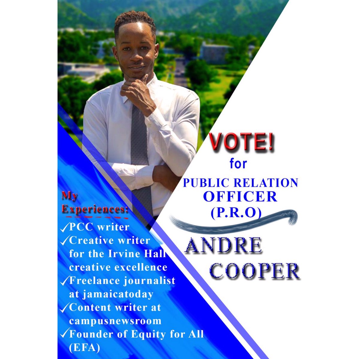 AndreCooper876's tweet photo. The time has come for us to make the right choice. JOIN ANDRE COOPER on March 20 at the assembly hall at 8am to 7pm and make your vote count towards a change.
#VoteAndreCooper
#GuildPRO
#GuildElections2019/20 https://t.co/Tiu3h80tP0