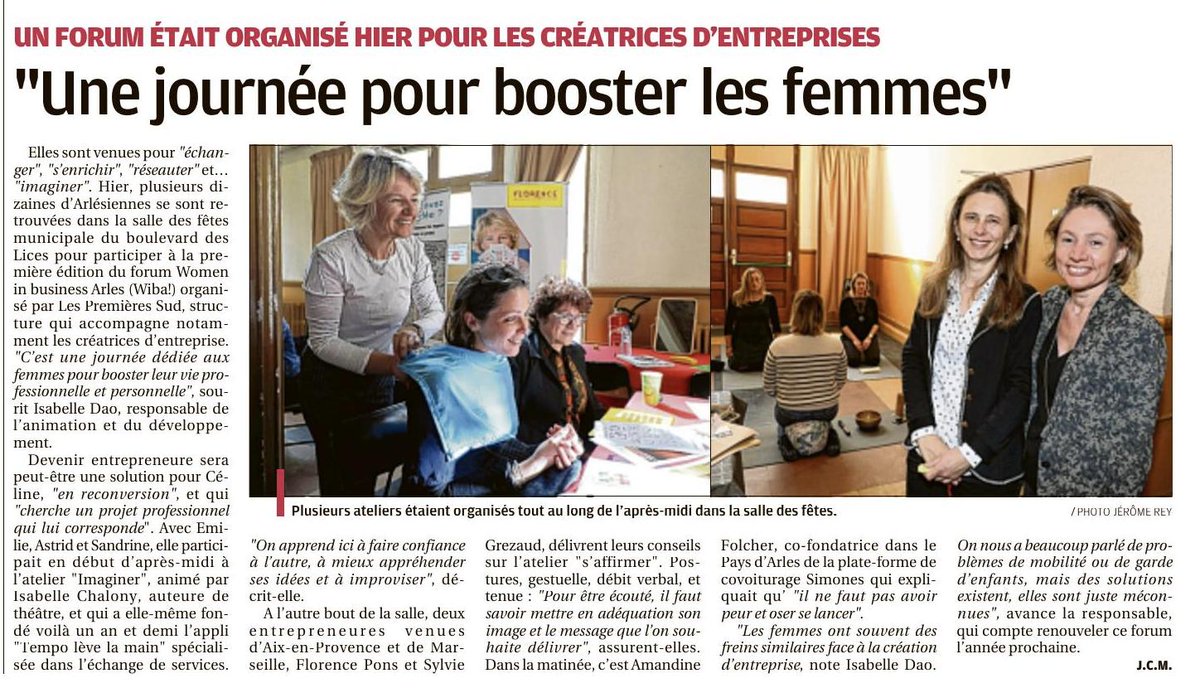 Merci à <a href="/LaProvenceArles/">La Provence Arles</a> pour ce bel article reportage sur le #Wiba! Women In Business Arles dont la première édition a eu lieu vendredi 15 mars <a href="/LesPrem1eres/">LesPremières</a> <a href="/MaRegionSud/">Région Sud</a> <a href="/BpifranceCrea/">Bpifrance Création</a> <a href="/CapitalInnov/">Capital & Innovation</a> <a href="/VilledArles/">Ville d'Arles</a> <a href="/CarolineDumond/">Caroline Dumond</a>