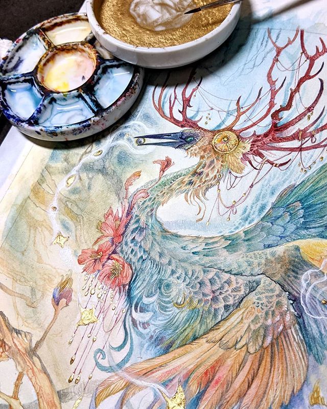 Sneak peak for my upcoming show 'Awaken' at @havengallery in 2 weeks.
#Watercolor #painting #art #gold #golden #goldleaf #shinystuff #phoenixbird #phoenixmyth #phoenix #birdsinart #bird #havengallery #havenartgallery #surrealart #enchantment #fairytales #mythic