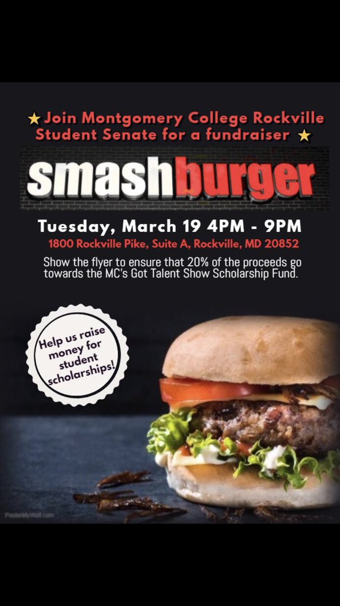 mcrsenate's tweet photo. Whatโs better than burgers and supporting student scholarships?
Join us today at SmashBurger from 4-9 pm
#rvstudentsenate https://t.co/44ZdziOy5P
