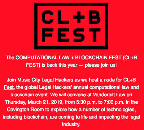 Last call! Music City Legal Hackers' @clbfest node happens Thurs 3/21 hosted by @poli_vls! Join us for an amazing lineup of speakers. RSVP here: bit.ly/2T5nwLw