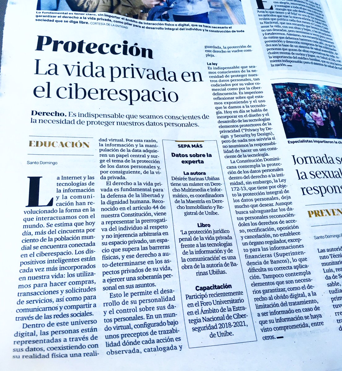 desireebarinas's tweet photo. Debemos ser conscientes de la necesidad de proteger nuestros #datospersonales en el #ciberespacio. Les invito a leer este artículo de mi autoria. La #vidaprivada en el ciberespacio https://t.co/ZpF7MKTzin #privacy  #derechoshumanos #libertad #data #dataprotection @ListinDiario https://t.co/yxQ4wGyOyz