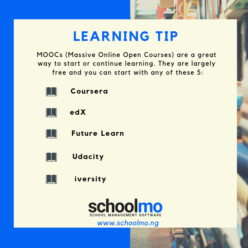 Schoolmo_HQ's tweet photo. Learning does not have to start and end with school. Take advantage of MOOCs to  continue learning. Check out 5 MOOCs we think are great.

#schoolmo #learning https://t.co/kGwPVndVby