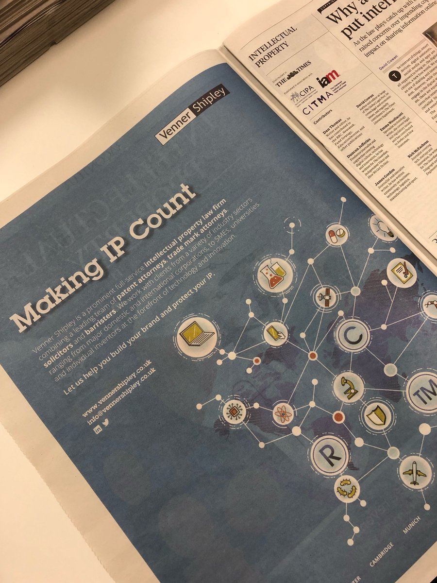 VennerShipley's tweet photo. We are delighted to have partnered with @raconteur on its fifth edition of “The Intellectual Property” special report as originally seen in @thetimes today. Please see more at: https://t.co/OS2VG89UWb #makingIPcount #AI #technology #patents #trademarks #litigation https://t.co/0sf1rpysUu
