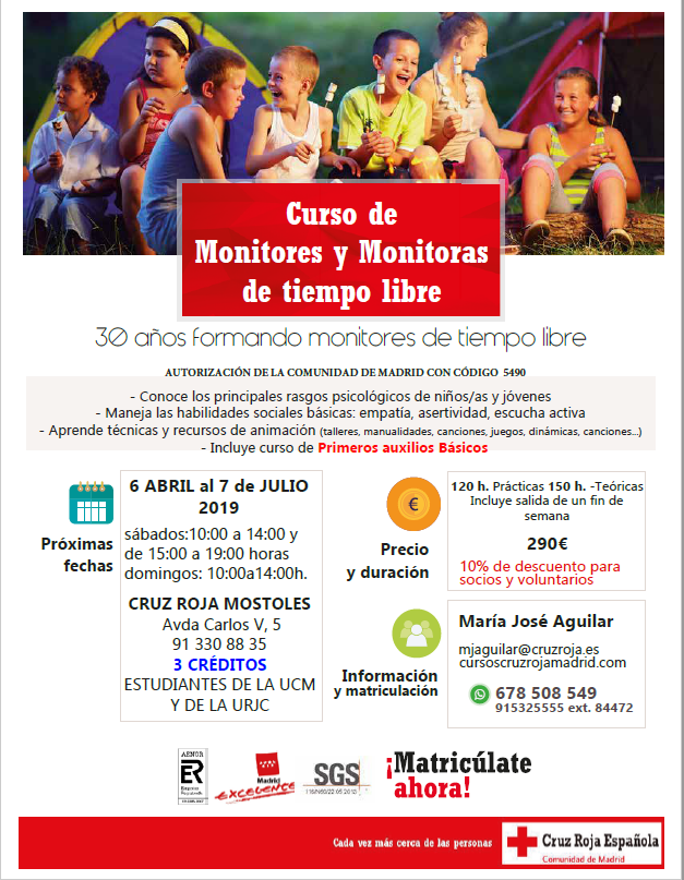 CruzRojaMostole's tweet photo. Próximo Curso Monitor y Monitoras de Tiempo Libre
➡ Inicio: 06/04/2019
➡ Fin: 07/07/2019
Para más información: https://t.co/knLrfWMEGo
🙎de contacto: María José Aguilar.
☎️ 913-30-88-35 📩 mjaguilar@cruzroja.es
#FormaciónCR #Móstoles #MonitorOTL https://t.co/dTJe4g76fr
