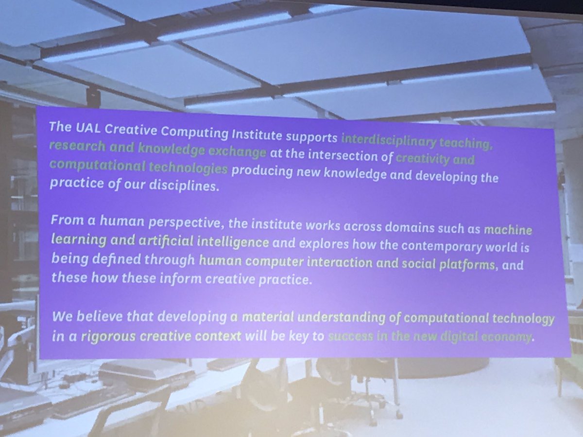 UALTLE's tweet photo. The mission behind @UAL_CCi. Their goal is to discuss the why alongside the how of technology within the arts. #ualesw https://t.co/Vrcx952QNm