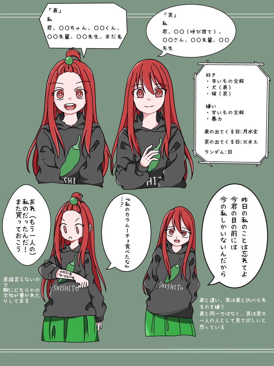 nr_rn_055's tweet photo. 【@hapiira 】様の企画に二人目失礼します…！獅子唐なのに髪の毛は赤色です！二重人格ですが同じ人を好きになります！獅子唐パーカーを可愛いと思ってます！そんな子です！
不備等ありましたらご指摘して頂けると幸いです、よろしくお願いします🙇‍♂️
#ハピいら_CS #ハピいら_生徒 https://t.co/rMKodhiz7U