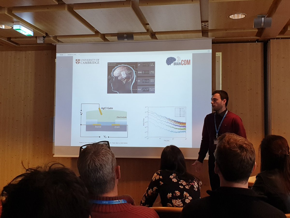 DrSeeProctor's tweet photo. #Bioelectronics for sensing, drug delivery and regeneration! 🧠👩🔬 @shao_tuan, @rochford_amy & Anastasis Polyvaras representing @Cambridge_Eng well during flash talks at #BioEl2019 https://t.co/Xw14T2jiqY