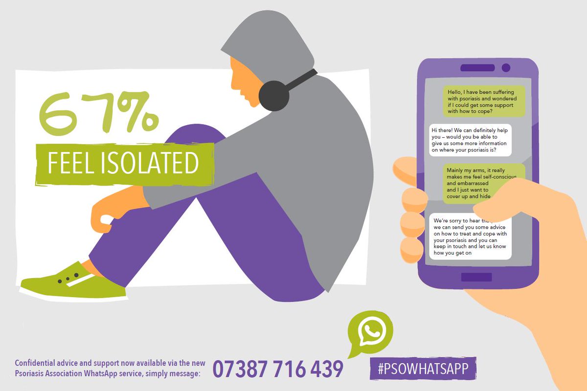 67% of the 250 young people with #psoriasis that we surveyed told us the condition makes them feel isolated. If you feel isolated by your psoriasis, please remember that you're not alone! Support is available through our WhatsApp service. Message us on 07387716439 #PsoWhatsApp