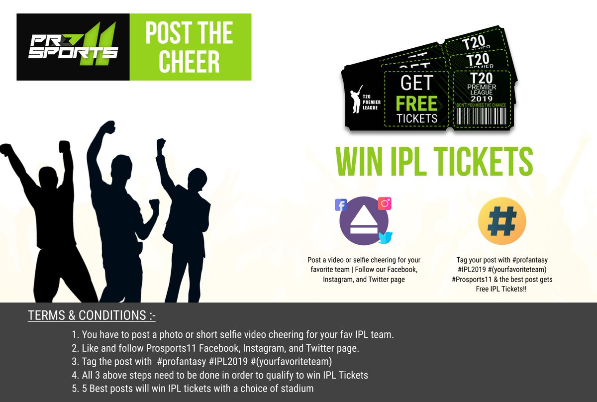 Post a video or selfie cheering for your favorite team &amp; like ProSports11 Facebook, Instagram, and Twitter page and Win IPL TICKETS!

Tag your post with #profantasy #IPL2019 #(yourfavoriteteam) and the best post gets Free IPL Tickets!!

#ProFantasy #IPL2019 #ContestAlert
