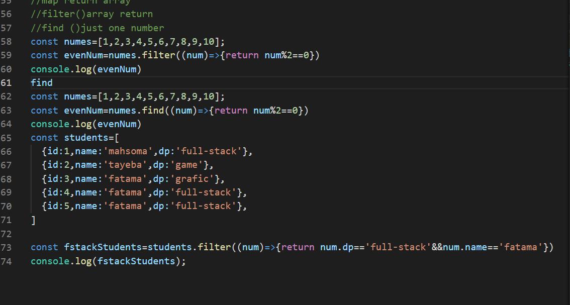 tayebanemati's tweet photo. @Codtoinsiper we learned methods (find)and methods (filter),
#afghansgrilcod
#fullstack
@CodeToInspire https://t.co/SfEyWrvEXE